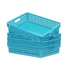 ECLATIS Soddeph 4팩 쌓을 수 있는 A4 종이 효율적인 수납 정리함 트레이 손잡이가 달린 플라스틱 보관함 교실 사무실 가정용 할로우 명품 디자인 바구니 16, 라이트 블루