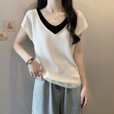 해피유통 여성 브이넥 레이어드 반팔 티셔츠 루즈핏 데일리 상의