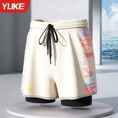 YLIKE 男士吸濕透氣泳褲三件套, 1個, 香檳白【雙層防尷尬】,2XL 碼（建議體重65.0-75.0公, 香檳白