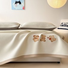 聖維納豆豆冰絲涼席 - 夏季可機洗涼墊, 三隻快樂小熊-米白色,80x190cm涼席+枕套一隻