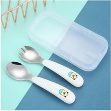 Baby love 304不銹鋼兒童叉勺餐具組 幼兒學習湯叉 附收納盒 王子狗圖案, 1個, 王子狗 勺叉組（附收納盒）