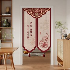 中式門簾 廚房隔間簾 衛生間家用掛簾, 歡喜勝意-異形棉麻+紅色流蘇,65x高90cm-半開式-送免打孔伸縮杆
