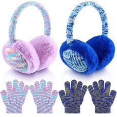 Chicingyou 아동용 겨울 니트 귀마개 장갑 세트 및 2세트 추운 날씨용 이어 워머 퍼플 레이크 블루 228452