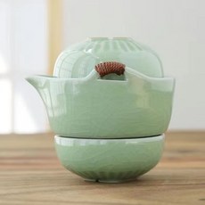臺灣出貨 便攜旅行茶具組 一壺兩杯 日式單人旅遊茶具 哥窯汝窯茶杯茶壺 簡易陶瓷功夫茶具套裝, 1個, 哥窯粉青