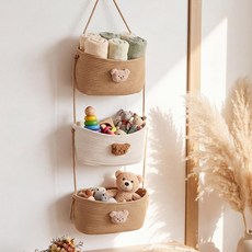 FoldTier Over the Door Hanging Basket 3 Tier Wall Mounted Organizer Bag with Bear Decoration Woven