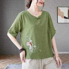 여름 여성 면린 반팔 티셔츠 캐주얼 루즈 단추 수놓음 슬림 개량한복 상의