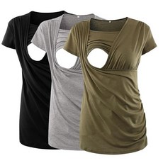Ecavus 3피스 여성용 임산부 수유 상의 모유 수유용 반소매 사이드 주름 셔츠 05-hunterbr/다크 그레이/로즈 레드 XXL 186169, Medium, 06-블랙/라이트 그레이/아미 그린