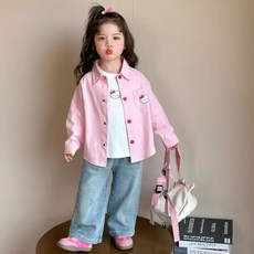 헬로키티 캐주얼 여아 핑크 긴팔 셔츠 어린이 루즈핏 자외선 차단 상의+준펑이커머스 머리끈