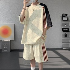 男款短袖短褲套裝 美式扎染撞色織帶兩件套