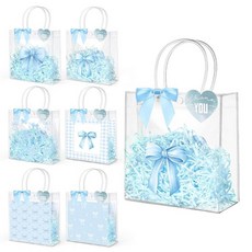 Sweetude 24세트 블루 리본 투명 선물 가방 손잡이가 달린 캔디 백 20.3 x 20.3 x 7.6cm(8 x 8 x 3인치) 귀엽고 재사용 가능한 플라스틱 토트백, 24, Blue Bow