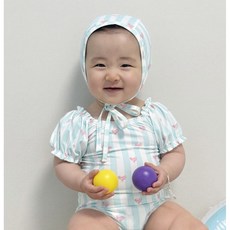 로이앤한나 핑크하트 스트라이프 3개월 6개월 9개월 돌 백일 신생아 반팔 셔링 여아 여자아기 원피스수영복 수영모자 세트