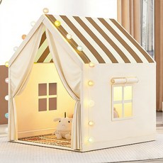 SeekFun 실내 텐트 홈캠핑 귀여운 격자 무늬 놀이집 편리한 세탁 핑크 베이지, 1개, 베이지색(줄무늬)