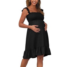 [ 1173094 ] 모무드 민소매 임산부 드레스 러플 숄더 스트랩 루즈 스모크 여름 블랙