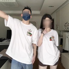 해피유통 커플 티셔츠 여름 반팔 캐주얼 커플룩 귀여운 토끼 프린트 커플 반팔티 커플 아이템