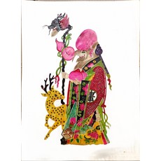 皮影 壽星 福祿壽喜財 牛皮雕刻 手工上色 高88cm, 如圖所示, 1個