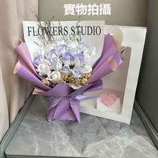 玫瑰花香皂花永生花束 碎冰藍畢業花束 求婚告白禮物 臺灣出貨, 18朵紫色 送禮袋+燈串+賀卡