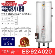 TENCO 電光牌 20加侖 不鏽鋼儲存式電熱水器 ES-92A020 附發票