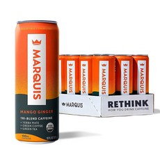 마르퀴스 내추럴 에너지 드링크 무설탕 제로 칼로리 100mg 식물성 카페인 예르바 메이트 녹차 & 그린 커피, Mango Ginger, 355ml