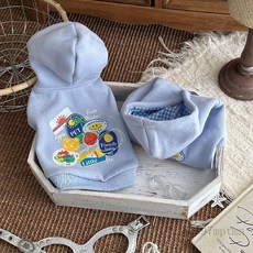 淺藍色水果印花加絨無袖連帽衛衣 寵物保暖秋冬新款, 淺藍色【秋季薄款】,S碼【建議2.0-3.0公斤】, 1個