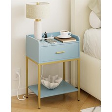 Masupu 나이트스탠드 침대 옆 테이블 3단 모던 나이트 스탠드 보관 서랍 및 선반 침실 거실용 작은 엔드 사이드 테이블 블랙 (콘센트 없음 그린), 충전 스테이션이 있는 블루