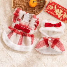 寵物服飾 聖誕節甜心格紋棉衣裙子 秋冬季加絨保暖貓咪狗狗服飾, 德羅紅, 1個