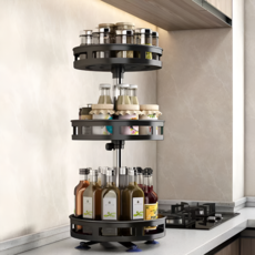 다온이네 3단 회전트레이 높이조절 양념통 정리대 주방 조미료 정리선반, 블랙, 1개