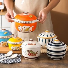 大容量家用陶瓷燉盅耐高溫帶蓋油壺，廚房豬油/辣椒油儲存罐, 1個, 招財貓   橘色,500毫陞（一人份）