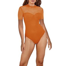 Pasgreson 여성용 섹시 긴소매 바디수트 시스루 탑 파티 나이트 아웃 클럽 의상 슬림 레오타드 바디 수트 03-오렌지 미디엄 137334