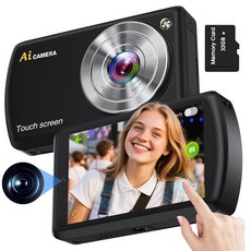 AI 디지털 카메라 자동 초점 AI 카메라 전면 및 후면 컴팩트 디지털 카메라 Wi-Fi 포함 물체 인식 9.1cm(3.6인치) 터치 스크린 어린이 남아 여아용 스마트, AI 디지털 카메라, 자동 초점 AI 카메라 전면 및, 블랙.