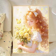보석십자수 액자형 봄 노란 장미꽃 꽃다발 나비 소녀 인물 비즈 액자 포함 세트, 1개, 42x57cm