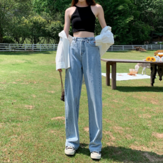 couchsurfing 여성 하이웨이스트 와이드핏 데님 팬츠