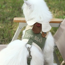큐트스마트 고양이 프렌치 셔츠 스타일 밸크로 타입 하네스 리드줄 세트, 그린, 1개