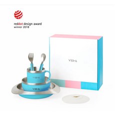 VIIDA SOUFFLÉ抗菌不鏽鋼餐具旗艦組 彌月/滿月禮盒 兒童餐具 不鏽鋼碗湯匙禮盒, 1個, 藍