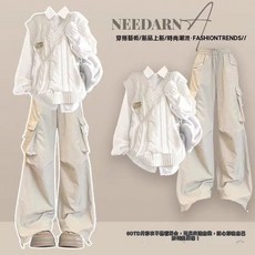 韓系慵懶風早秋減齡工裝褲套裝，學院風高級感時尚穿搭