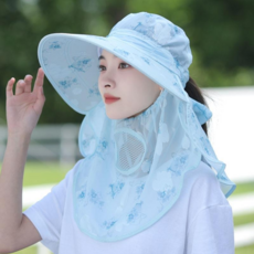 夏季碎花遮全臉防曬遮陽帽 護頸面罩太陽帽, 扇子款--天藍色（冰絲）, 均碼（防紫外）