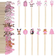 JarThenaAMCS 120피스 크리스마스 커피 젓기 일회용 젓는 스틱 핑크 패턴 나무 음료 교반기 핫 초콜릿 밀크셰이크 레스토랑 홈 오피스용_142757