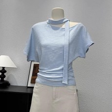해피유통 여성 스카프넥 반팔 티셔츠 언발넥 슬림핏 데일리 상의