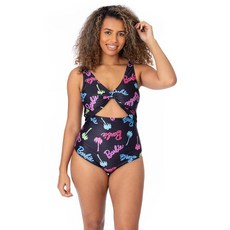 Barbie 여성용 수영복 | 여성용 블랙 올인원 수영 코스튬 | 두 개의 스트랩이 있는 전면 매듭 Cossie 야자수 수영복 블랙.