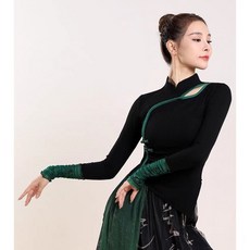 柳歌衕款古典舞上衣 飄逸紗衣 中國舞劇目演出服, 黑+綠 上衣,L