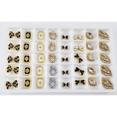 美甲合金鑽飾套組 珍珠寶石水晶大鑽混合 立體異形鑽 穿戴甲造型設計 堆鑽飾品盒裝, 1個, 金底蝴蝶結2【格子12*12mm】40顆