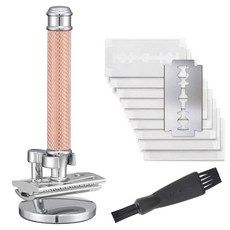 男士復古銅質手動刮鬍刀，老式金屬剃須刀，安全刮毛刀，經典男士理容, 01水紋玫瑰金套裝(10刀片+掃), 1個