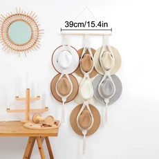 북유럽 보호 코튼 로프 걸이식 모자 정리함 디스플레이 랙 캡 거치대 스카프 행어 마크라메 홈 벽 장식 1PC, 01 D, 브라운, 1개