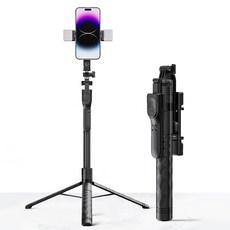 多功能手機自拍桿三腳架，藍牙遙控，360度旋轉，鋁合金材質，穩定防滑，直播神器, 黑色, 1個, K28自拍棒+小補光燈x2