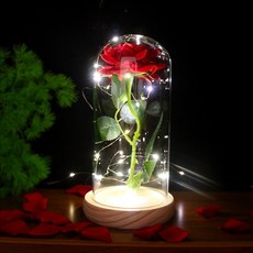 玻璃鐘罩花 永生花LED玻璃鐘罩 擬真花, 原木單支絨布花-紅色+6葉, 紅色, 原木單支絨布花+6葉