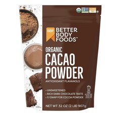 BetterBody Foods 유기농 카카오 파우더 무가당 풍부한 초콜릿 맛 GMO 프리 글루텐 946.4ml32온스 0.9kg2파운드 백 155715, 32 Ounce (Pack of 1), 907g