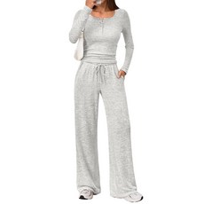 Trendy Queen 여성용 투피스 매칭 라운지 세트 가을 패션 의상 헨리 넥 스웨터 탑 와이드 레그 팬츠 스웨트 수트 블랙. XL