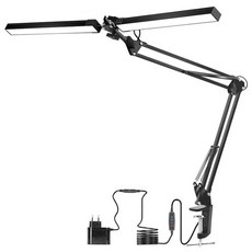 雙頭長臂夾燈 摺疊檯燈 閱讀書桌燈 宿舍檯燈 桌面夾式工作燈 三色調光 黑色, 雙頭高亮度護眼夾燈, 黑