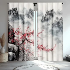 2피스 빈티지 꽃무늬 커튼 폴리에스터 소재 세탁기 사용 가능 침실 및 거실 장식에 적합합니다.