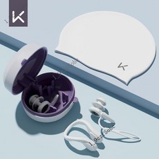 【熱賣款】新款防水防掉帶繩硅膠防水遊泳耳塞防嗆鼻夾兒童洗澡裝備套裝, 憊-耳塞套裝+白色硅膠泳帽, 1個