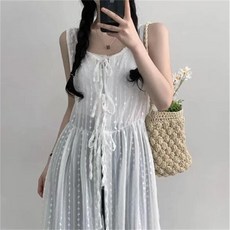 韓系夏季蕾絲背心長洋裝 寬鬆刺繡蝴蝶結綁帶開叉連身裙